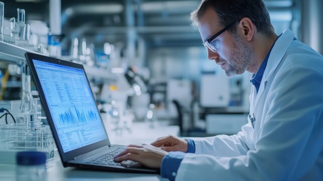 Scientist in a white lab coat analyzes complex statistical data on his laptop while working within a modern, illuminated research facility that features advanced laboratory equipment in the.