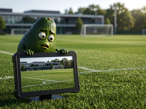 Cute anthropomorphic avocado referee with worried expression holding a tablet on soccer field.