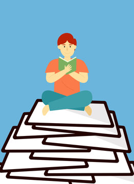 Man Reading Book on Stack of Papers