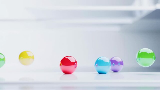 Glossy colorful spheres moving laterally across clean studio tabletop with soft diffused highlights, glasslike reflections, and generous negative space for modern commercial design