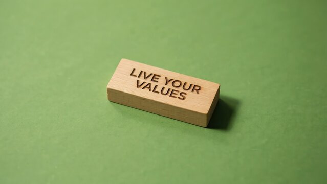 Live Your Values motivational text on wooden block, corporate culture and personal ethics concept, minimalist wood brick on green background