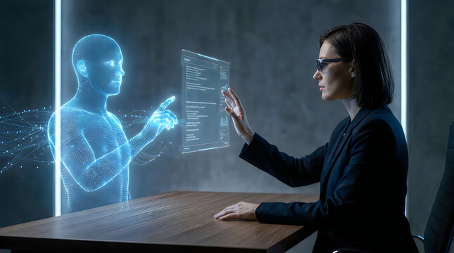 Professional businesswoman interacting with AI hologram interface in futuristic office, hologram