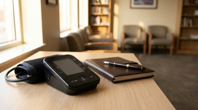 Modern black digital blood pressure monitor with cuff and leather notebook on a wooden table in a clinic office. Cinematic widescreen banner for medical concept.