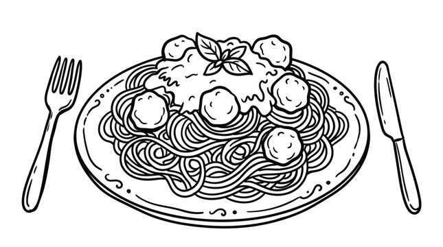 Hand Drawn Line Art Illustration of Italian Spaghetti with Meatballs, Sauce, Fork and Knife on Plate