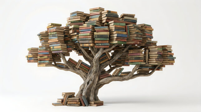 Conceptual tree sculpture made from stacked vintage hardcover books with sculpture, education