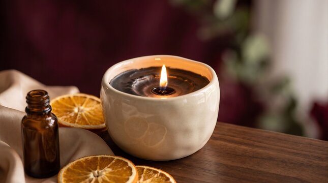 Aromatic black candle burning inside textured cream ceramic vessel surrounded by dried citrus fruit slices with displays single black candle glowing flame
