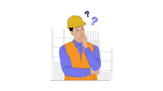 Engineer thinking with hand gesture and question marks above head at construction. Flat character animation