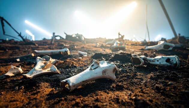 Gruesome animal bone remains scattered on barren ground under dramatic, artificial lighting, suggesting desolation and decay.