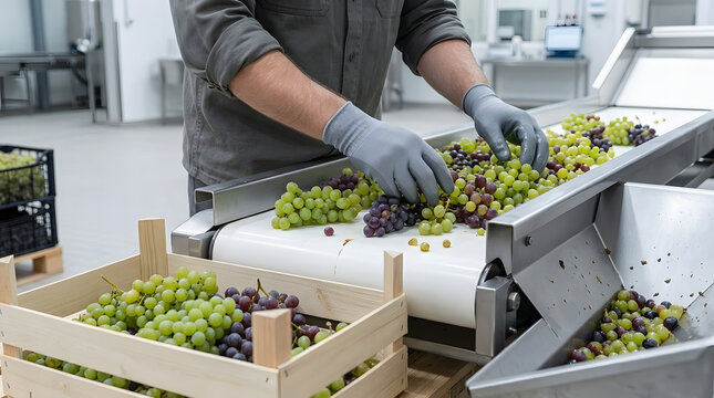 Man Sorting Fresh Green and Purple Grapes on Conveyor Belt in Food Processing Factory