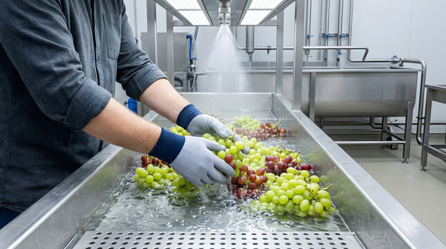Man Washing and Sanitizing Fresh Green and Red Grapes in Stainless Steel Industrial Sink at Food Processing Factory