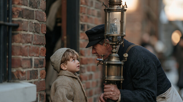 A child watches wide eyed from a doorway as a lamplighter in period uniform tends to an ornate iron gas lamp in an industrial brick alley, the child's perspective low and curious,