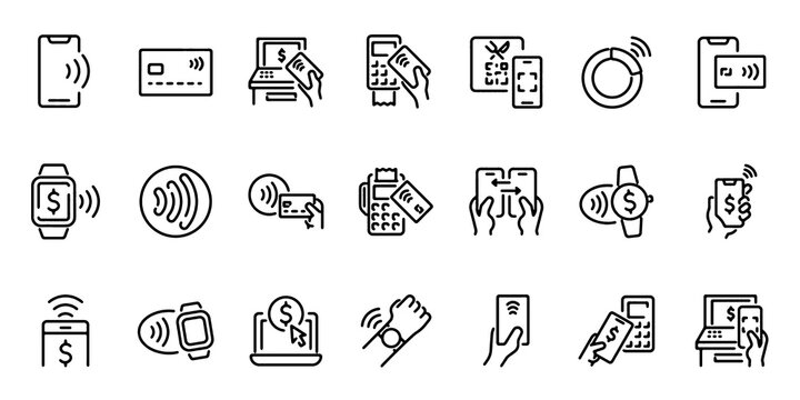 Set of 21 contactless payment outline icons. Linear icon collection. Editable stroke. Vector illustration.