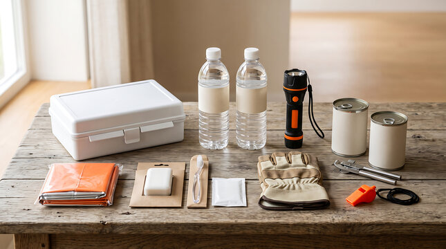 Emergency Preparedness Kit Essentials Arranged on a Wooden Table for Disaster Readiness