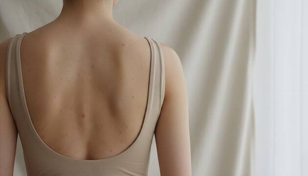 Rear view close up of a young woman with back acne in beige swimsuit showing skin inflammation for dermatology treatment and body positivity skincare concept