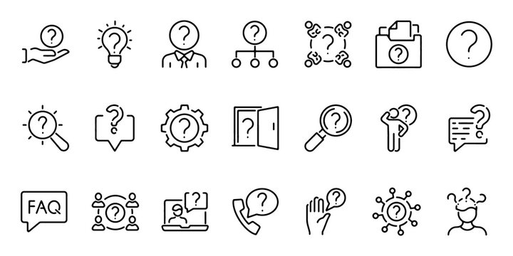 Set of 21 question outline icons. Linear icon collection. Editable stroke. Vector illustration.