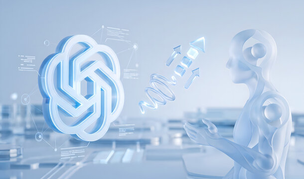 3D illustration of chatgpt logo emblem with glowing dna helix rocket arrow and robot figure ai technology advancement concept