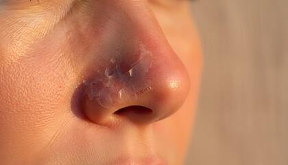 Fototapeta premium Macro close-up shot of a woman with nose sunburn showing peeling skin after intense summer exposure for dermatology and skin protection concept