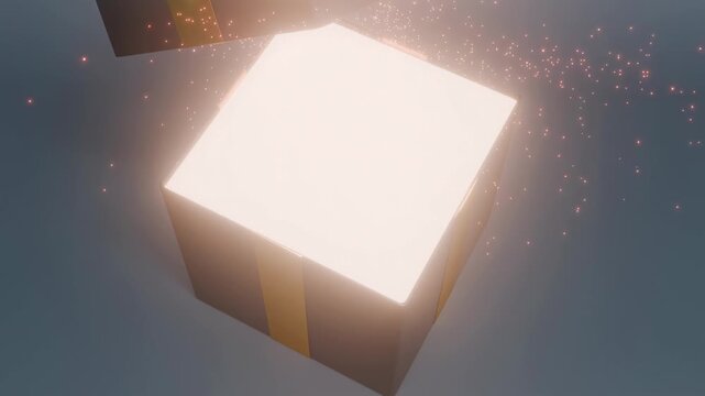 Luxury black gift box with a golden ribbon slowly opening as the camera approaches and rises toward the glowing interior. Elegant 3D holiday animation symbolizing Christmas surprise, celebration, and 