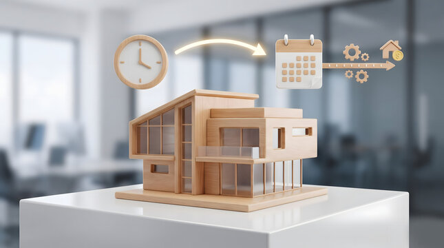 3D illustration of modern wooden house model on white podium below clock arrow calendar gears and house coin icon mortgage loan extension concept