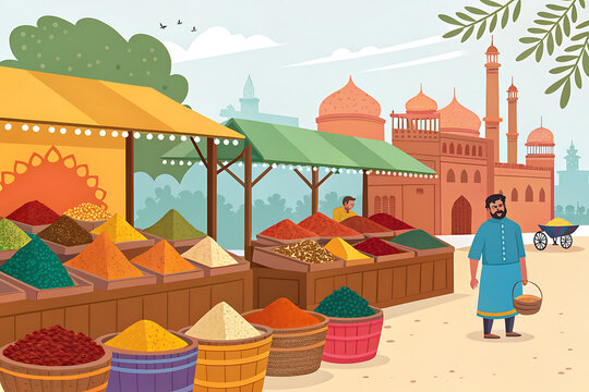 Indian street market scene with spice stalls, vibrant colors, simplified vector shapes, travel illustration style