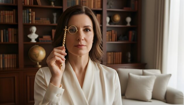 Focused mature woman looking through vintage golden lorgnette glasses in a classic home library for vision and detailed investigation concept with warm background