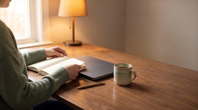 Person reading notebook beside laptop and coffee mug on wooden desk in cozy home office with captures person green closed laptop pen sweater reading