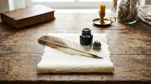 Vintage quill pen and inkwell on parchment paper over wooden desk
