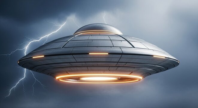 UFO Flying Saucer in Stormy Sky with Lightning