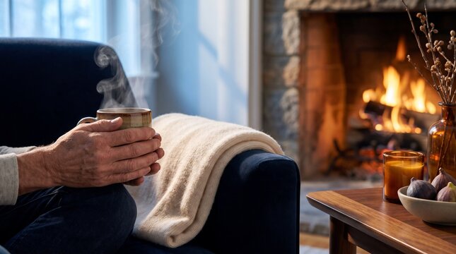 Person holding warm steaming mug while relaxing near glowing fireplace during quiet winter afternoon with roaring stone fireplace blanket beside roaring