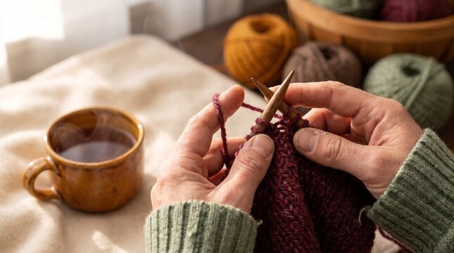 Person working on cozy maroon wool knitting project beside steaming mug of warm tea beverage with captures close up view hands skillfully knitting maroon yarn