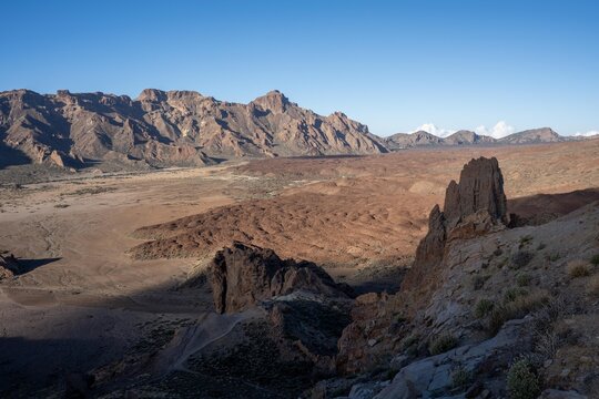 View of Los Roques de Garcia, Tenerife, Canary islands, Spain, Europe. Rocky mountains with blue sky. 