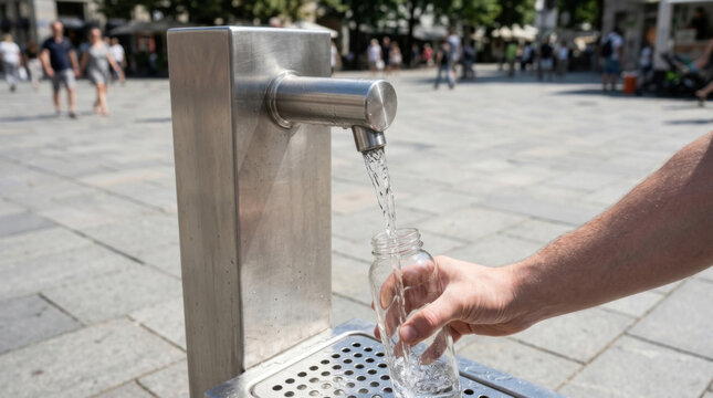 Public water refill fountain stainless steel spout glass bottle clear water outdoor plaza close up urban park public utility drinking water refill