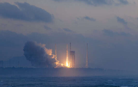 Rocket launch process, launcher with space shuttle in Wenchang Hainan, aerospace program of China.