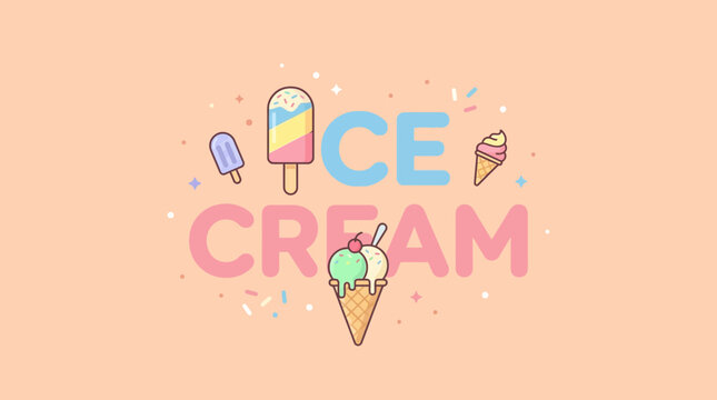 Cute colorful ice cream lettering typography with popsicles and cones on a peach background