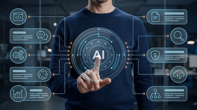 Data processing analytics platform showing user operating centralized artificial intelligence network interface for corporate strategy