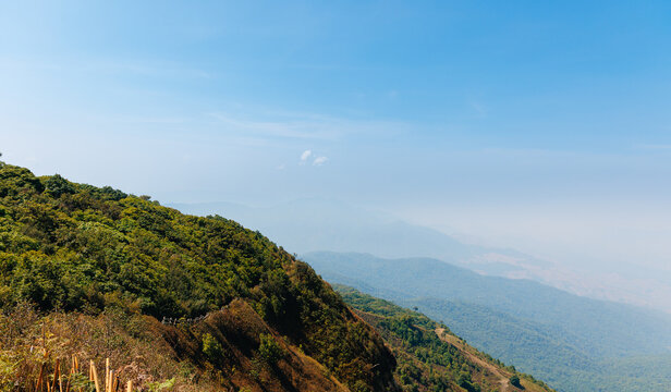 Panoramic green mountain ridge Viewpoint of National Park Doi Inthanon Chiang Mai, top highest mountain of Thailand.