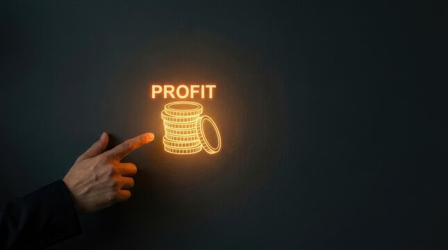 Businessman pointing at glowing profit text and coin stack symbol on dark grey background
