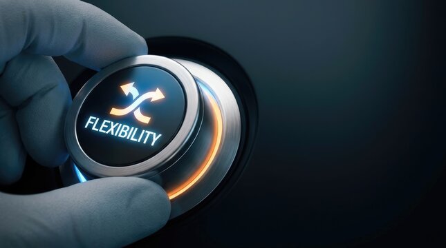 Gloved hand adjusting metallic dial with glowing flexibility concept icon with flexibility dark environment