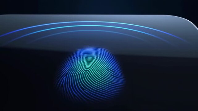 Glowing fingerprint sensor activation on glossy dark device surface with cyan and blue ridges, curved light arcs, and sleek futuristic reflections, with fingerprint, biometric, sensor