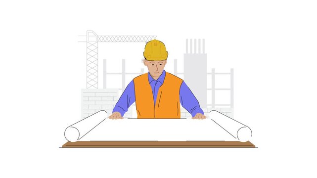 Architect reviewing blueprint at construction. Flat character animation