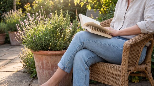 Woman reading an open book beside blooming lavender in sunny garden