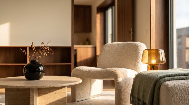 Minimalist living room interior with warm glowing lamp bathed soft natural afternoon sunlight displays cozy lounge area textured cream armchair