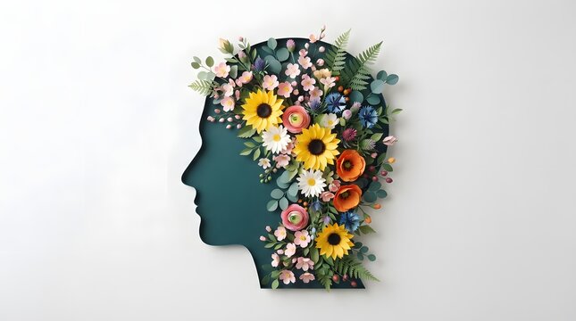 A conceptual human head silhouette filled with vibrant blooming flowers representing positive thoughts and emotional growth for world mental health day on a white background
