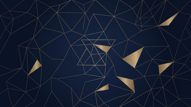 Dark blue background with gold geometric wireframe