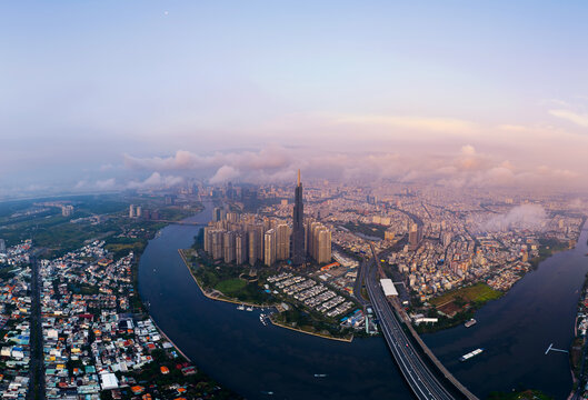 Aerial view coastline with skyscrapers and metro station and expressway Saigon city. Business center of Ho chi minh, Vietnam