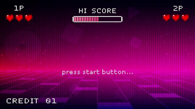 LEVEL UP icon pixel art 8 bit. Retro Futurism Sci-Fi Background. glowing neon grid and stars from vintage arcade computer games
