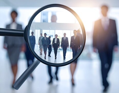 A diverse group of people in suits walks towards the viewer, magnified by a lens