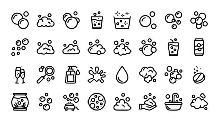 Premium Bubbles Soap Foam and Effervescent Black Outline Icon Set with Fizzy Drink Oxygen Cleaning and Liquid Effects Editable Stroke Vector Collection © MstLaky