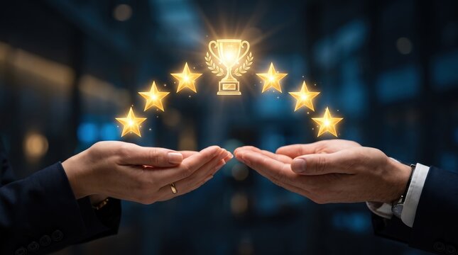 Business hands holding glowing golden trophy cup with five stars, success achievement award, excellence recognition, winner prize symbol, corporate victory celebration, dark blue.