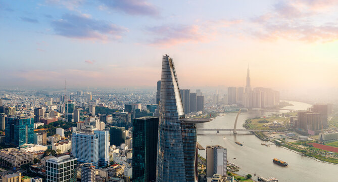 Saigon city, Aerial view coastline with skyscrapers in business center of Ho chi minh, Vietnam